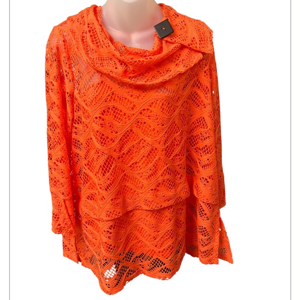 Ali Miles Orange Open Weave Crochet Cowl Neck Tunic Top L Cami Lined EUC